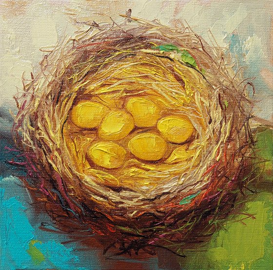 Golden eggs painting canvas oil original, Small art framed painting 6x6, Egg nest painting miniature wall art