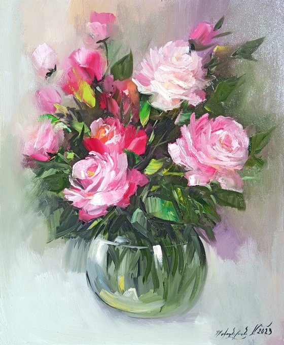 Pink roses  (50x40cm, oil painting, ready to hang)