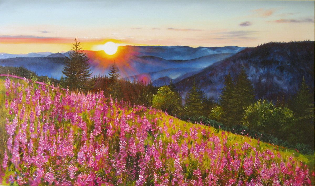 Photorealistic Oil Painting , Mountain Meadow Sunset By Natalia Shaykina, 39 X 24, Artwork For Sale On Artfinder