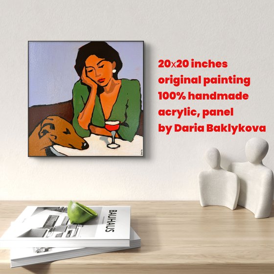 EVENING, CAFE, DOG, WINE. Original Painting