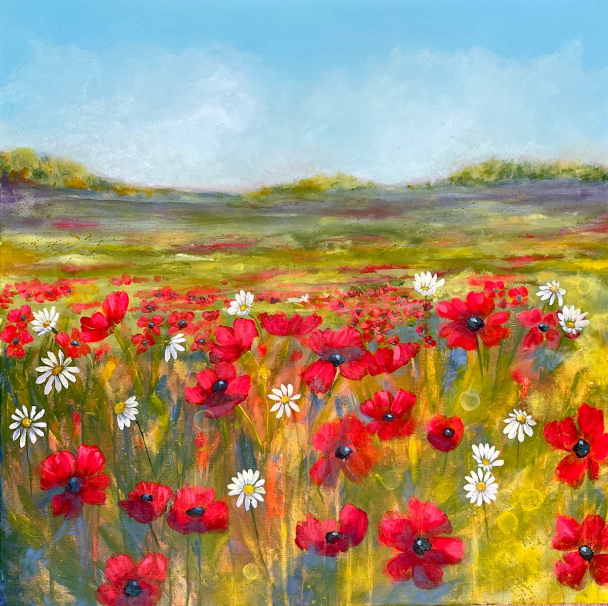 Expressive Landscape Acrylic Painting By Emma Sian Pritchard, 26 X 26, Poppy Fields, Original Artwork