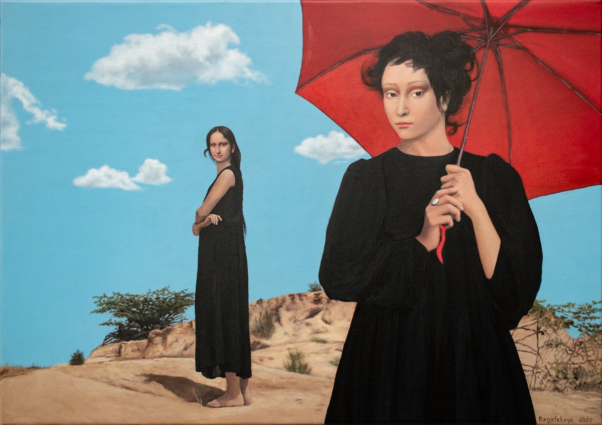 Photorealistic Portrait Acrylic Painting By Nataliya Bagatskaya, 33 X 24", Stroll Under The Red Umbrella, Original Artwork