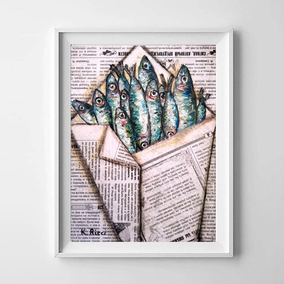 "Fishes in Newspaper Bag" Original Oil on Canvas Board Painting 7 by 10 inches (18x24 cm)