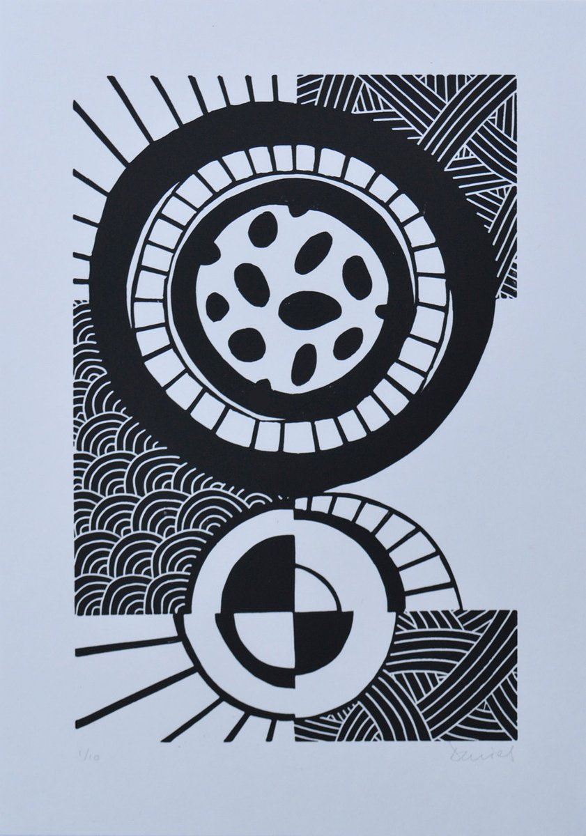 Abstract Linocut By Julian Davies, 11 X 15", Copernicus Sundial, Original Artwork