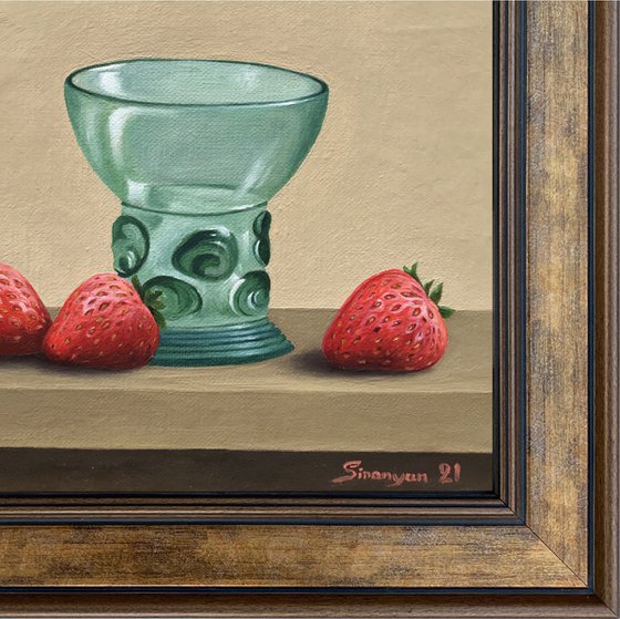 Strawberries with old glass  (20x20cm, oil on canvas, framed)