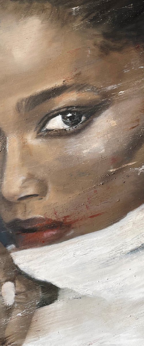 Isilda | Black beautiful model painting in oil on canvas large contemporary portrait female model by Renske Karlien Hercules