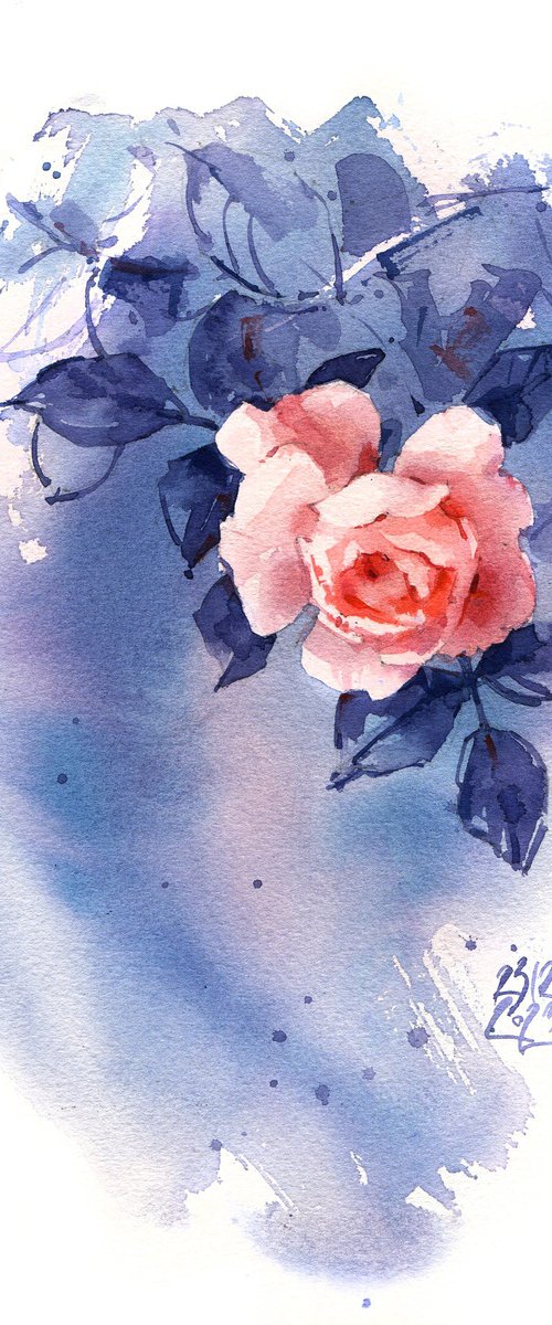 "Twilight in the garden" - original watercolor orange rose sketch by Ksenia Selianko