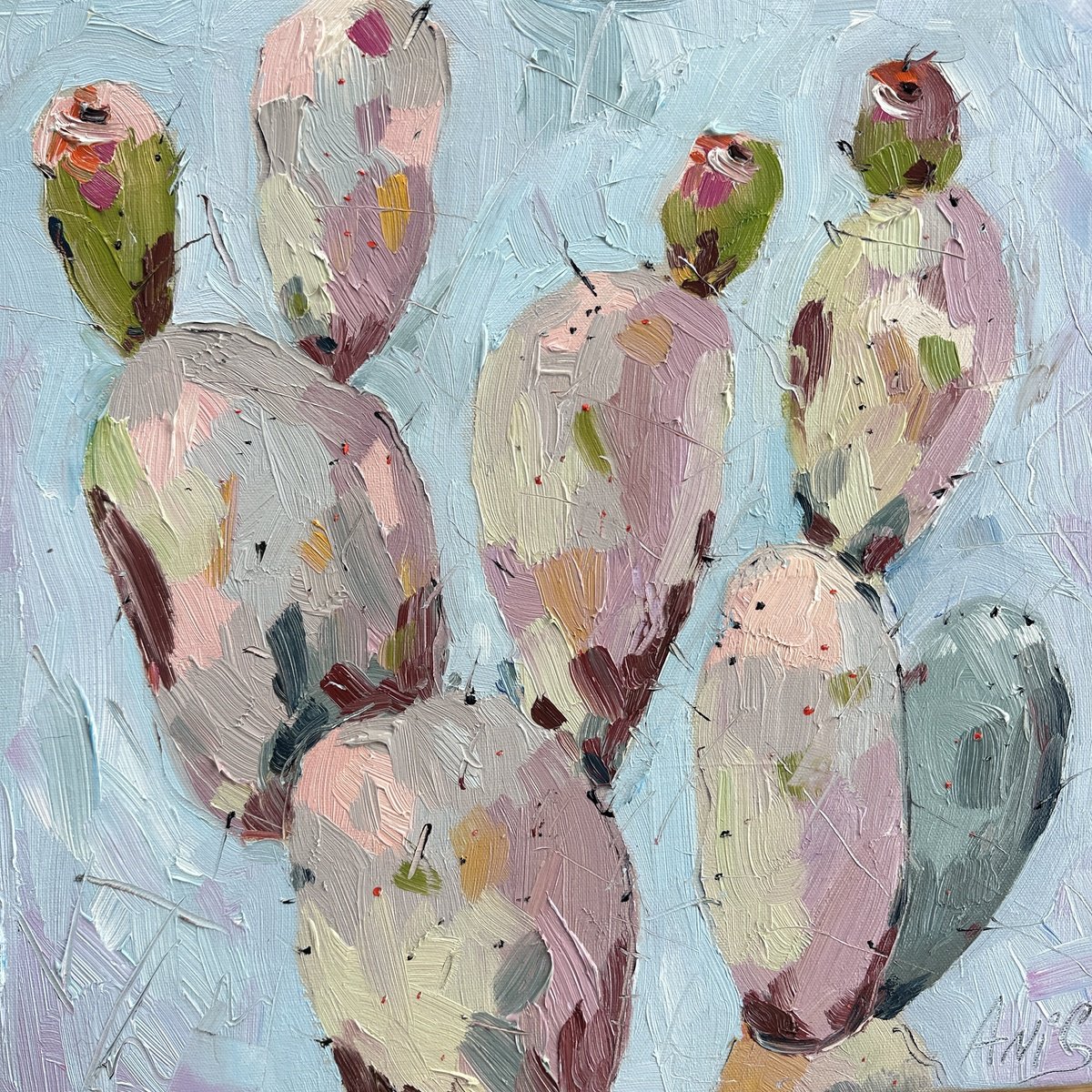 Impressionistic Botanical Oil Painting By Irina Anis, 16 X 16, Quiet Cactus, Original Artwork