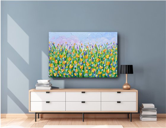 Yellow Flowers Meadow - Heavy Impasto Landscape Painting, Textured Knife Floral Art