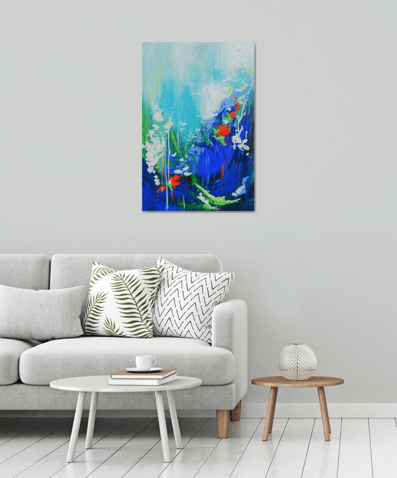 Abstract Flowers Modern Floral Landscape Painting. Blue, Red, Green, Violet, Teal, Abstract Tropical Flowers and Birds. Original Botanical Garden Painting on Canvas. Modern Impressionistic Art