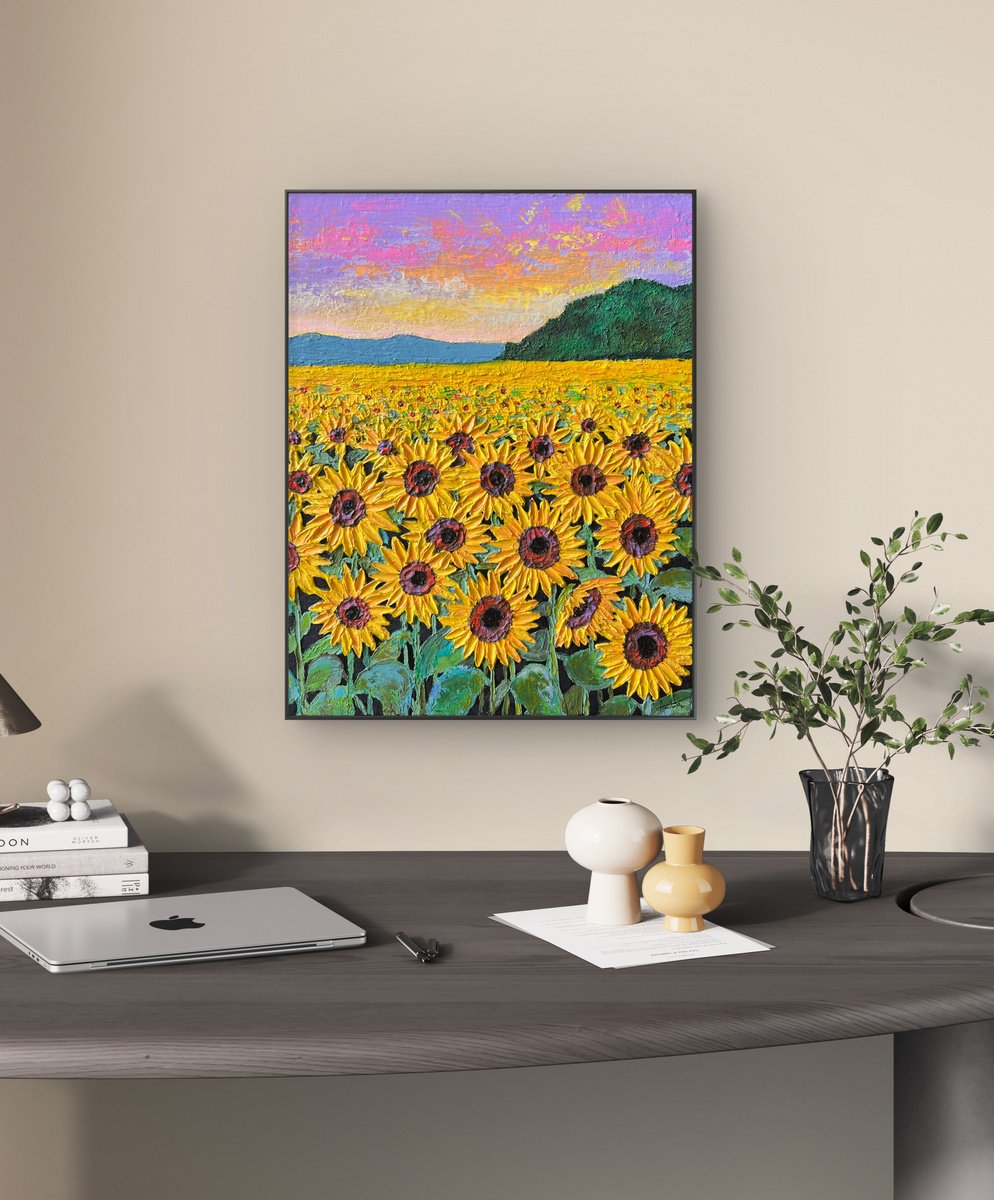 Impressionistic Landscape Acrylic Painting By Amita Dand, 16 X 20, Sunflowers Field At Sunset, Original Artwork