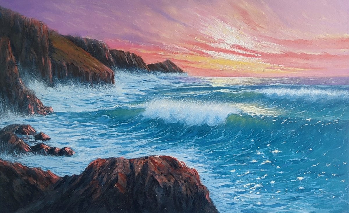 Photorealistic Landscape Oil Painting By Artem _Ar.ko, 24 X 16, Harmony Of Sea And Rocks, Original Artwork