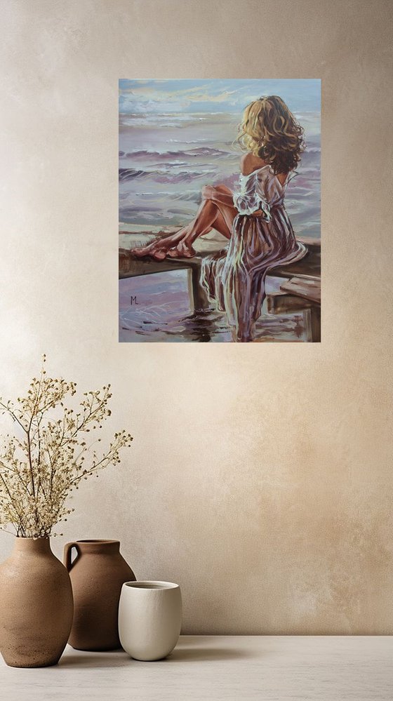 " WOMAN SITTING BY THE LAKE IN LIGHT "