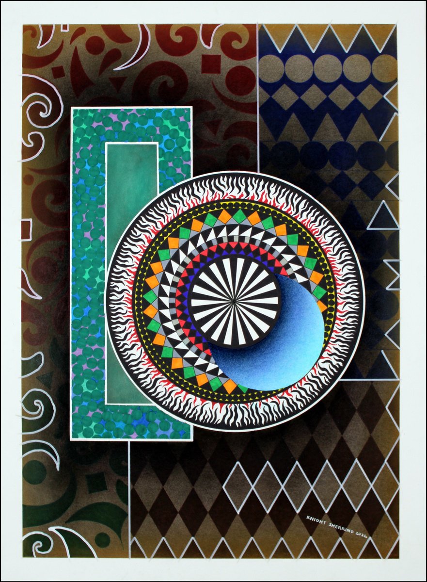 Geometric Abstract Ink Drawing By Knight Sherring, 22 X 30", Routine Search., Original Artwork