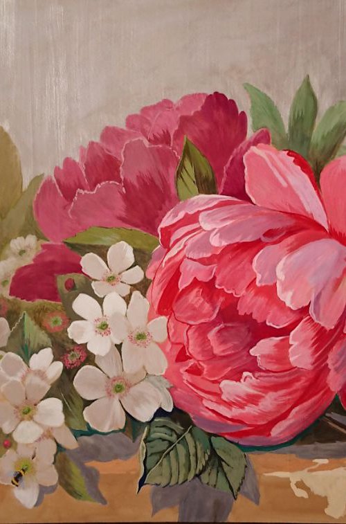 Apple Blossoms and Peonies Large Flower Painting by Caridad I. Barragan