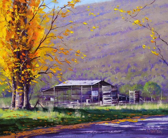Autumn trees with farm shed