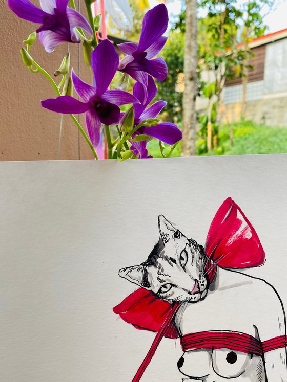 Cat with red bow