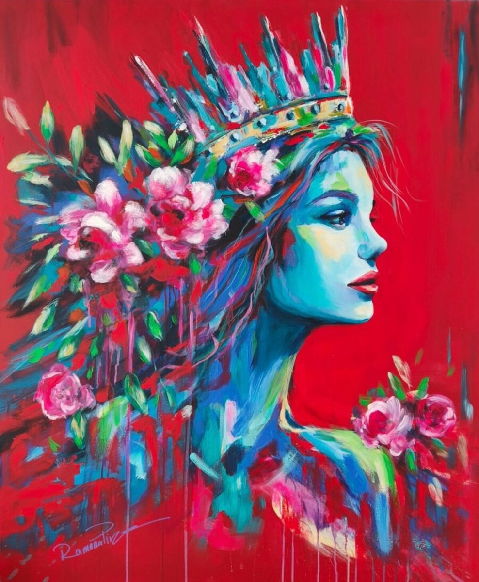 Urban And Pop Portrait Acrylic Painting By Ramona Pintea, 39 X 47", Born From Wild Roses, Original Artwork