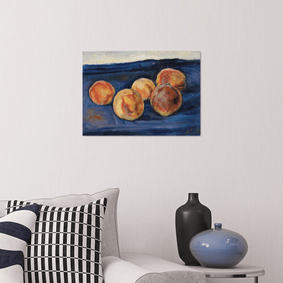 Five peaches. Oil on canvas on board/MDF. 50X36 cm.