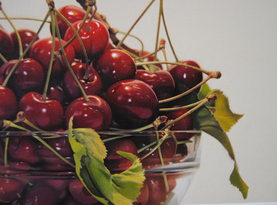 Still life with cherries , Original oil on canvas painting