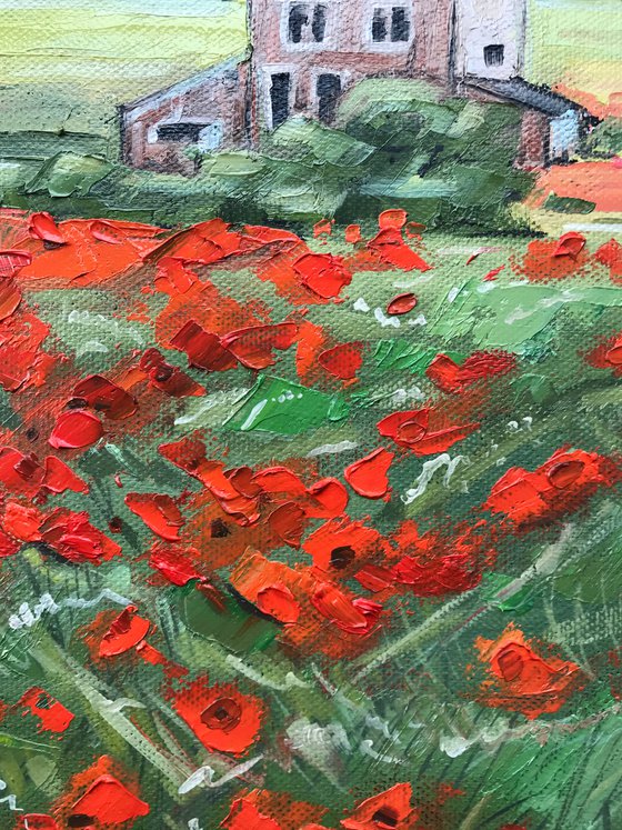 Poppy field landscape painting oil impasto art 25x25cm