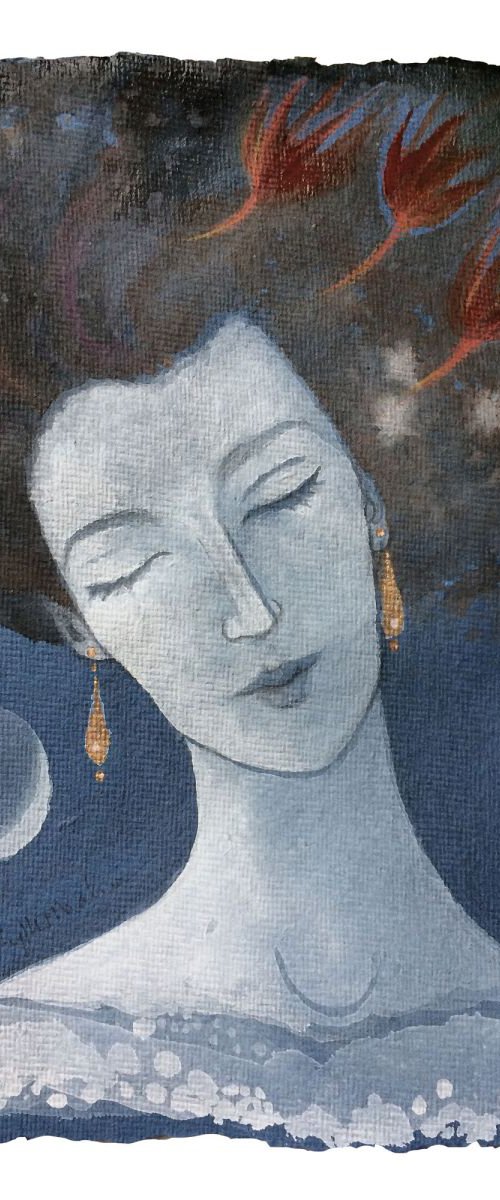 Woman with Golden Earrings and Crescent Moon by Phyllis Mahon