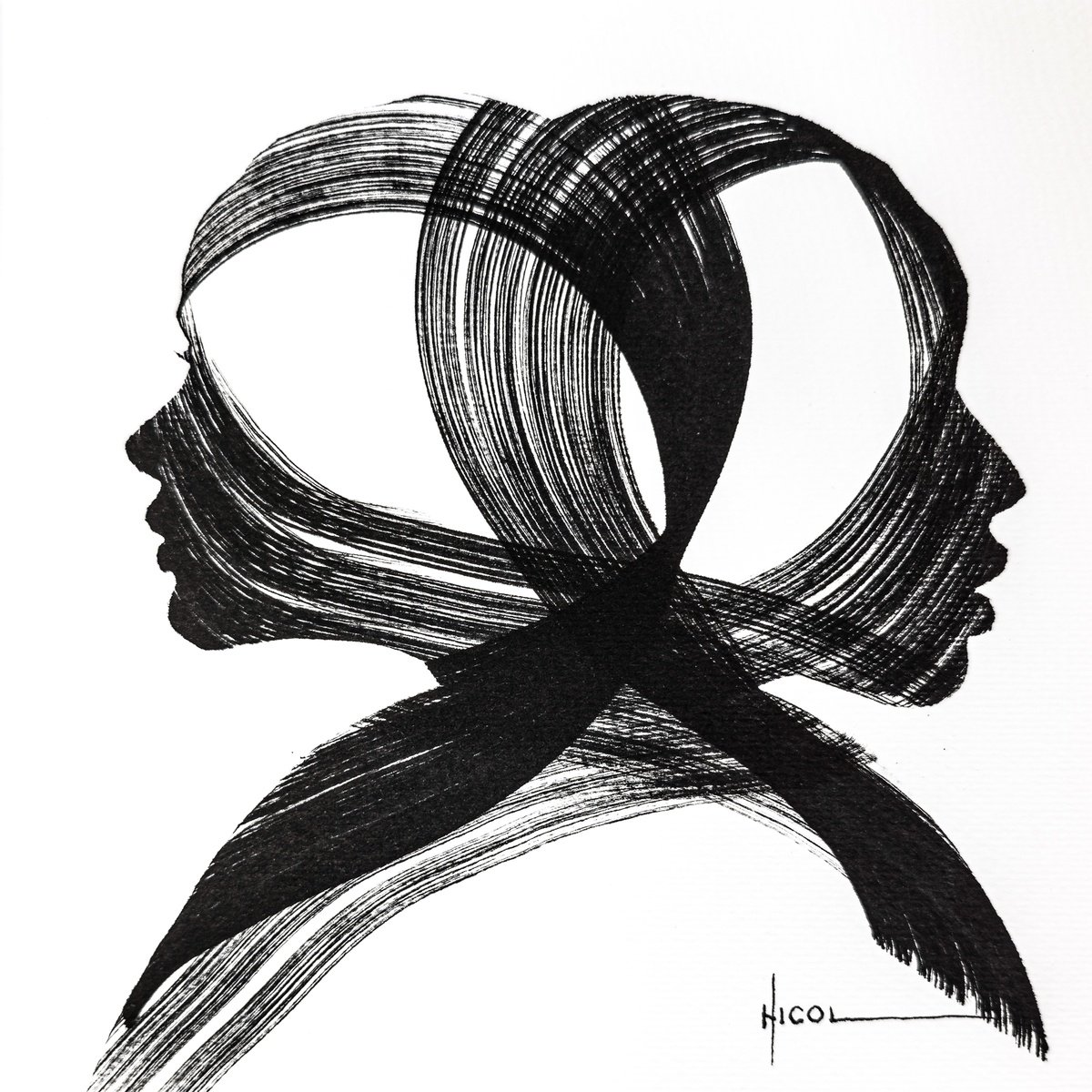 Expressive Portrait Ink Drawing By Nicol Vacaru, 8 X 8", Silent Ties, Original Artwork