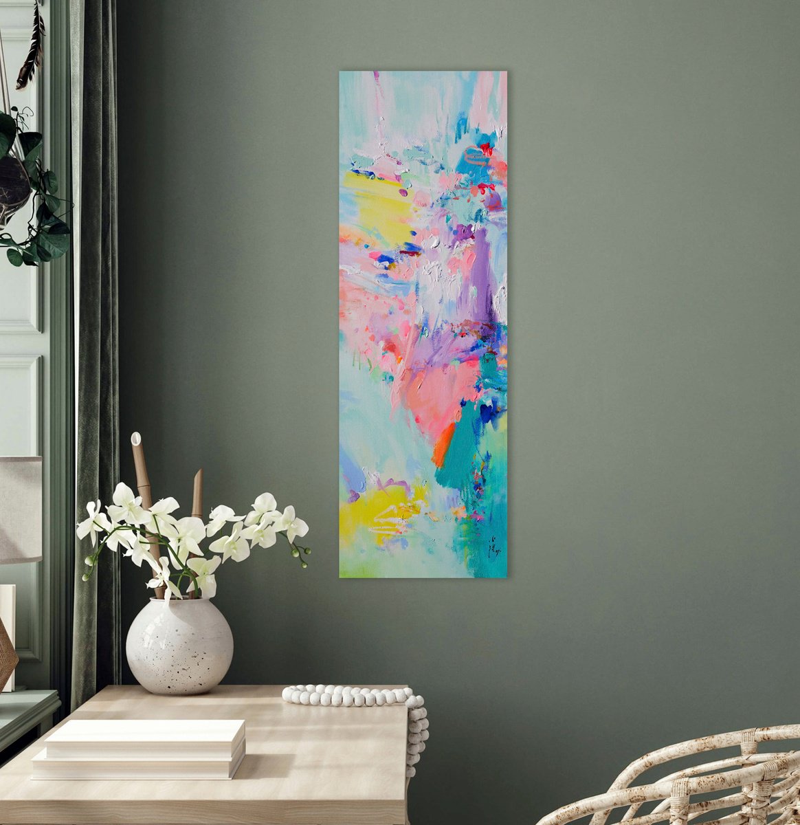 Abstract Acrylic Painting By Xiaoyang Galas, 12 X 35", Flow, Original Artwork
