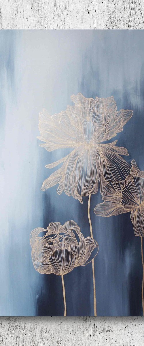"Thinness 3" Navy gold flower abstract art by Marine Boiko