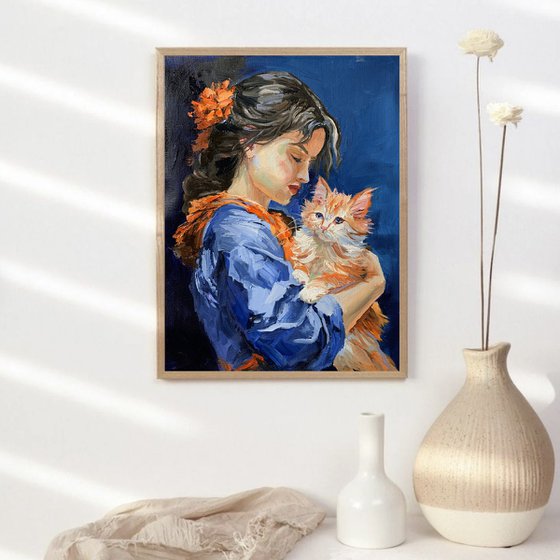 Girl in blue dress, orange cat