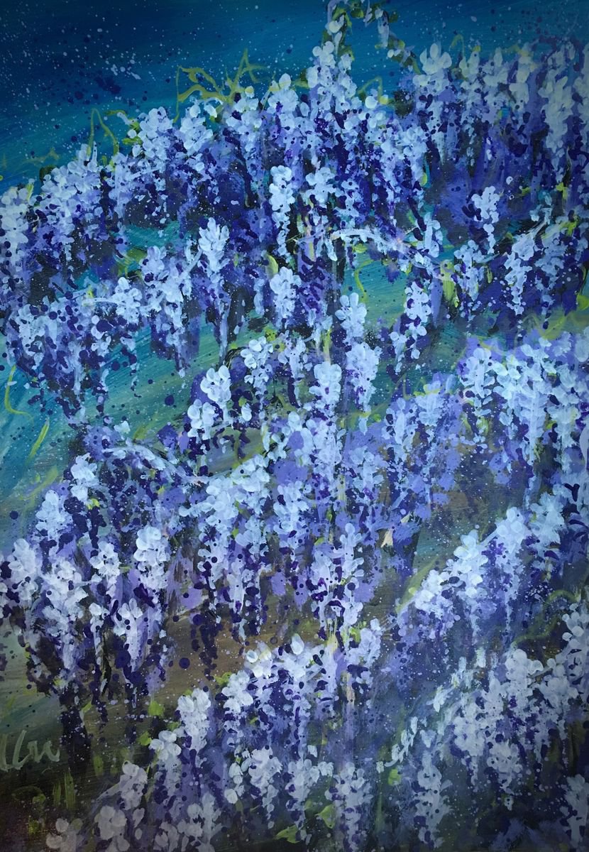 Impressionistic Botanical Acrylic Painting By Hsin Lin, 13 X 17, Memory - Wisteria, Original Artwork