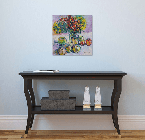 Autumn flowers and apples, original oil painting