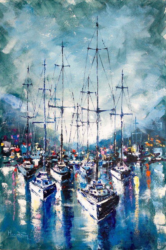 "Sailboats in the harbor" ,  ships , sky