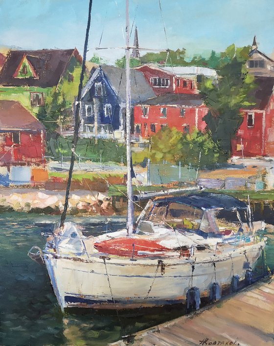 Shining boat (ocean bay, plein air) (16x20x0.7")