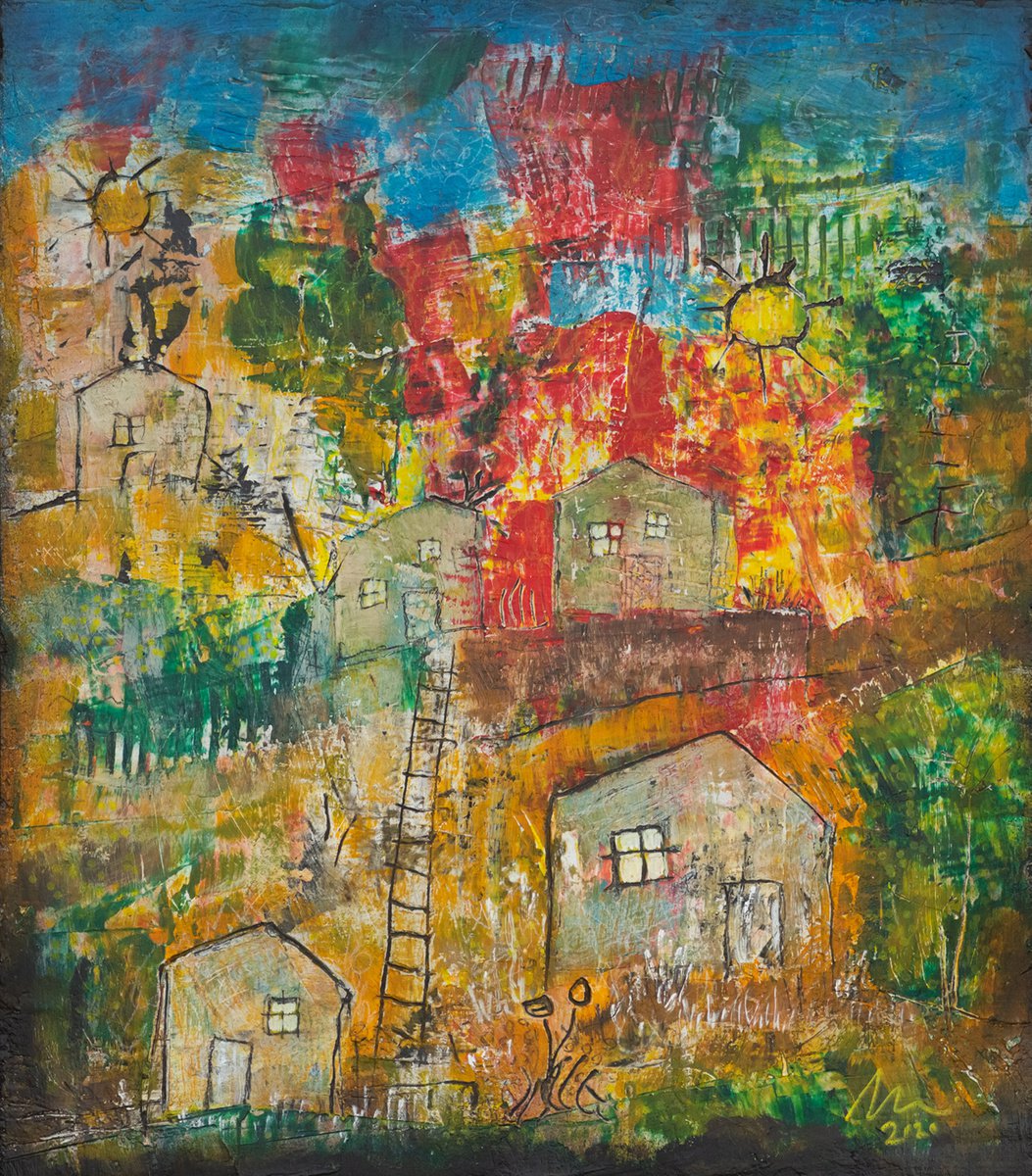 Naive Cityscapes Painting By Peter Zelei, 14 X 16", Village With Two Suns, Original Artwork