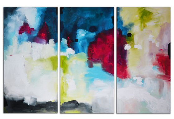 The Peers of the Realm, 48"x72" (121 cm x 182 cm), red magenta and blue large abstract triptych