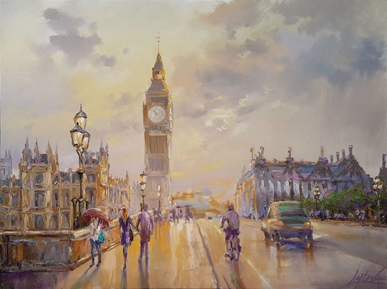 London after the rain - cityscape original oil painting