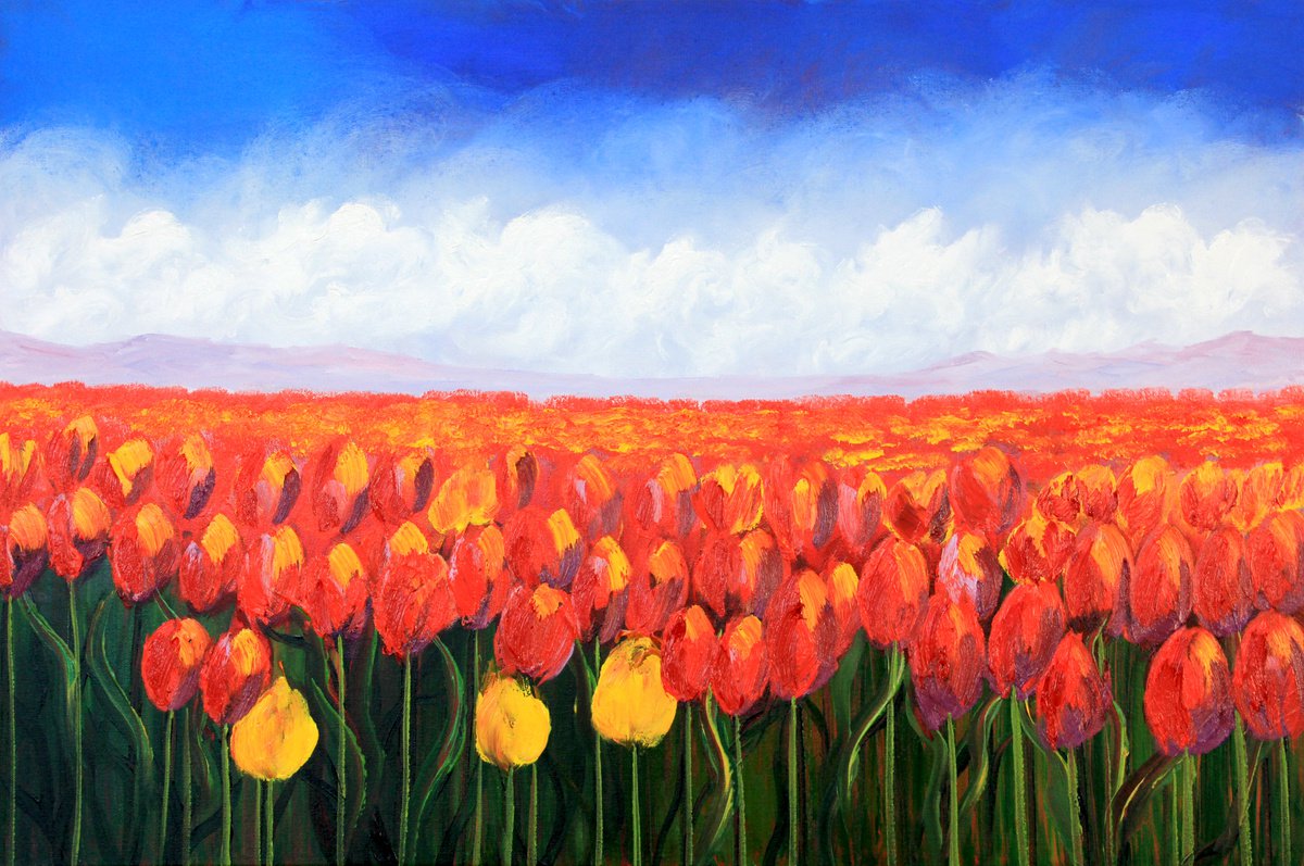 tulips canvas painting Red Abstract Paintings by Olya Shevel