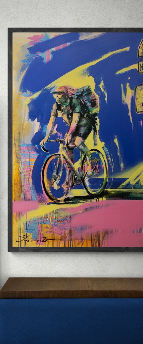 Bright big painting - "Young cyclist" - Urban Art - Pop Art - Bicycle - Street Art - City - Blue - Street scene by Yaroslav Yasenev