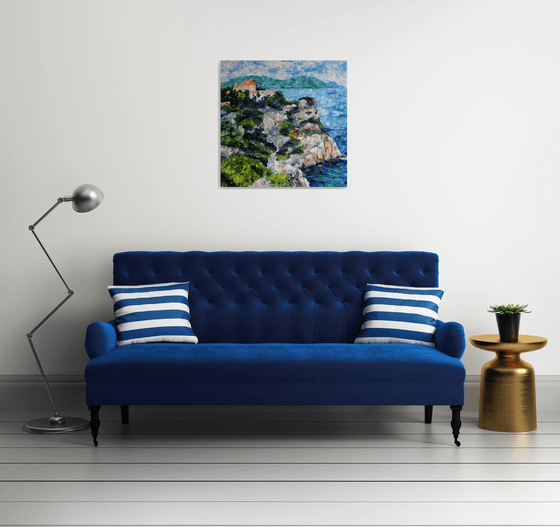 Greece island seascape large oil painting on canvas, monastery on mountain, coastal home decor