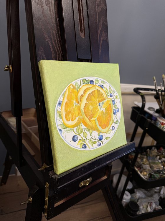 “Orange rhythm on a blue surface”