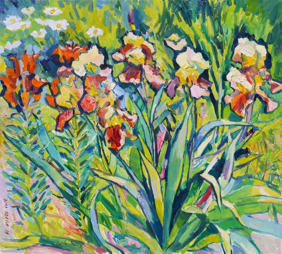 Irises and orange lilies