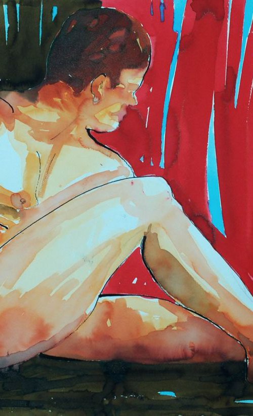 Sitting  Male Nude Watercolour by Ewa Dabkiewicz