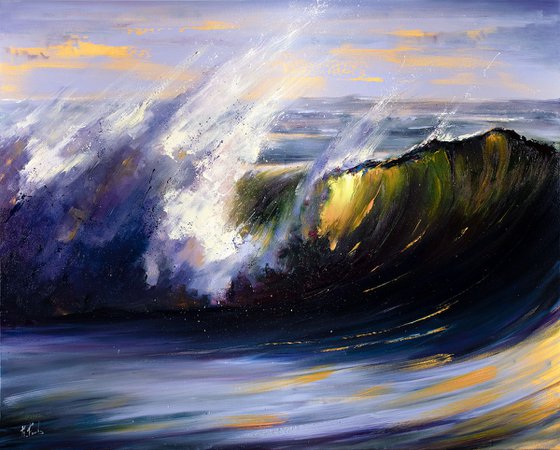 Golden Glass Wave. Seascape painting