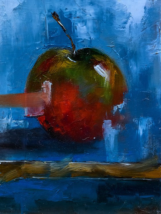 Apple on the desk. Still life painting with apple. Oil painting artwork