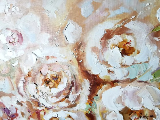 Peonies flowers painting, Textural painting on canvas