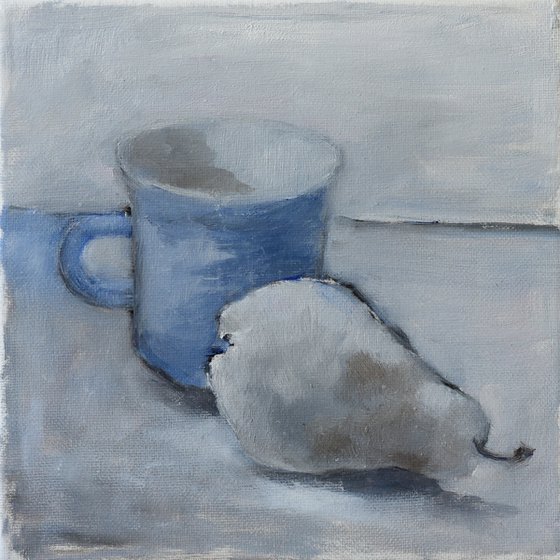 Sketch with the pear and blue cup