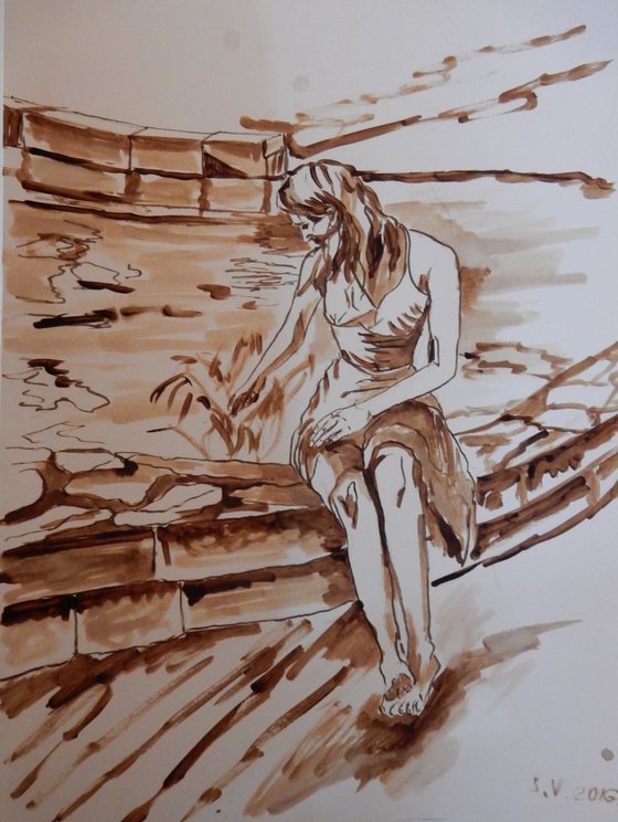 Girl by the pond. Coffee painting.
