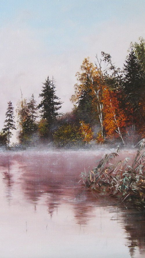 Autumn Foggy Lake with Trees by Natalia Shaykina