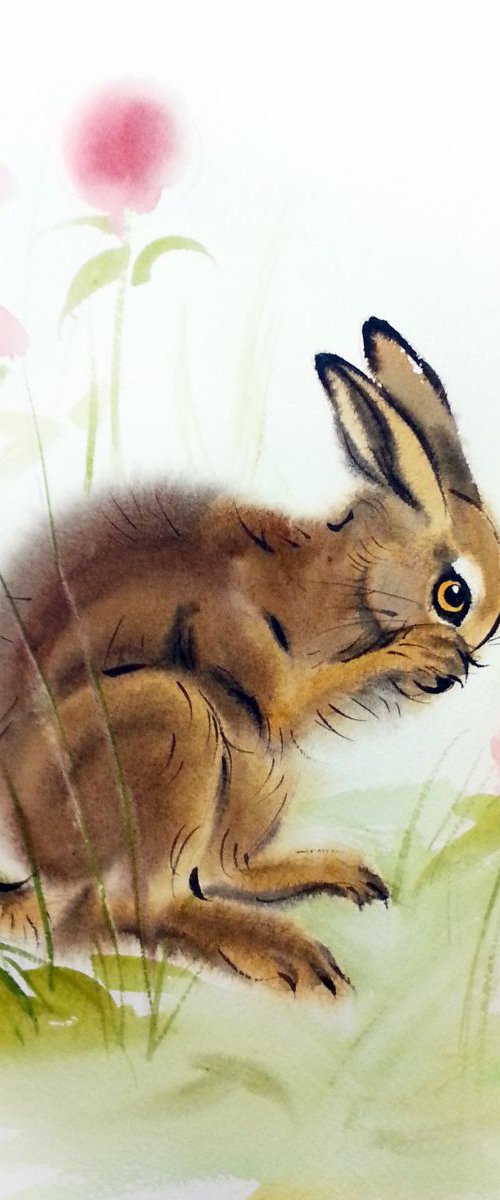 Bunny Washing by Olga Beliaeva Watercolour